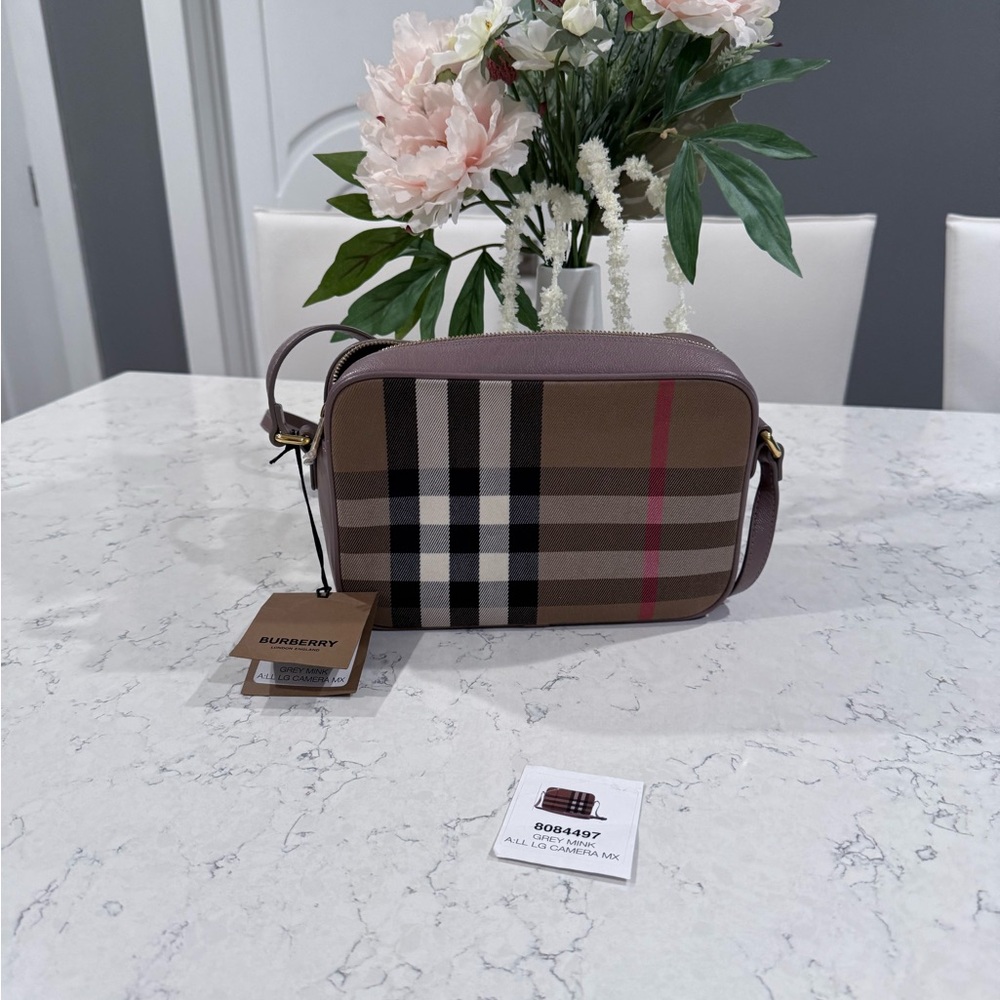 Burberry Gray Mink Camera Bag with Check Pattern